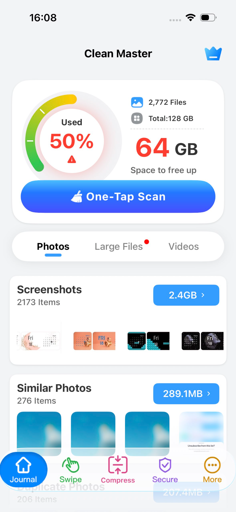 Clean Master app home screen showing storage overview and photo cleanup categories